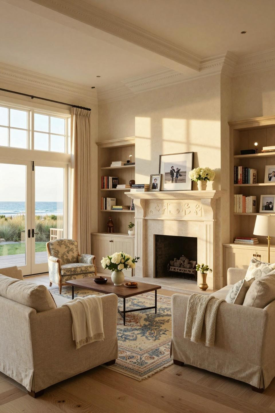 Nancy Meyers Bedroom Aesthetic with French limestone fireplace and built-in bookshelves