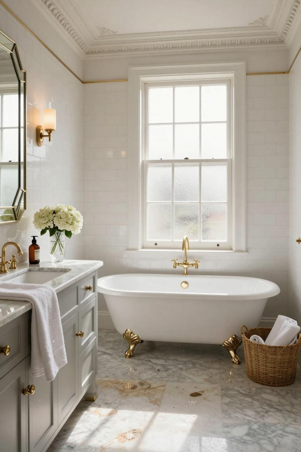 Nancy Meyers Bathroom showcasing clawfoot tub and Carrara marble in Kensington estate