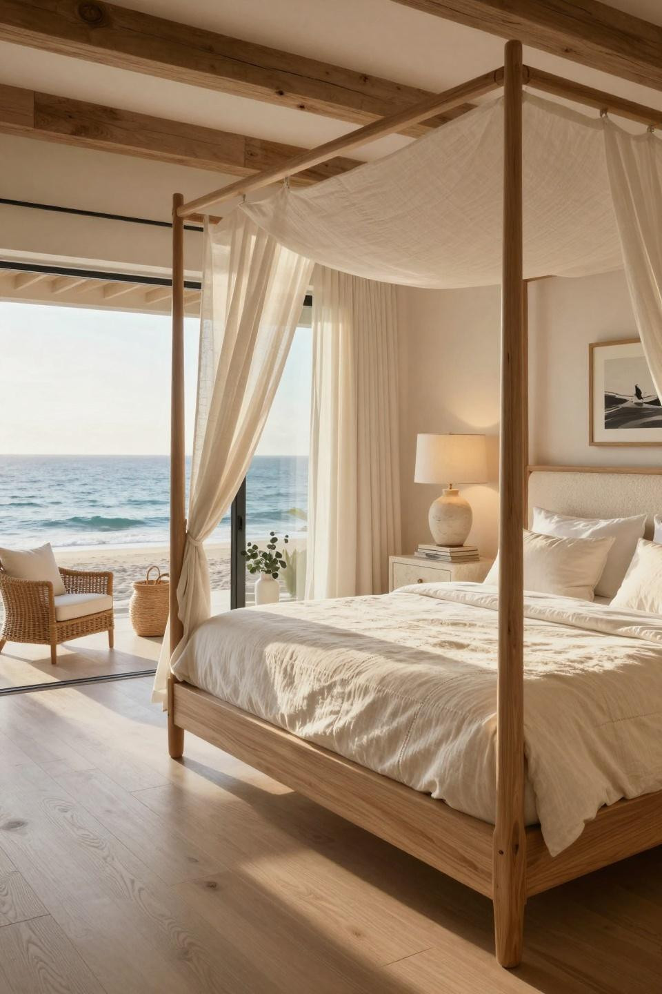 Beach Aesthetic Room Ideas with four-poster bed in natural teak and flowing Belgian linen canopy