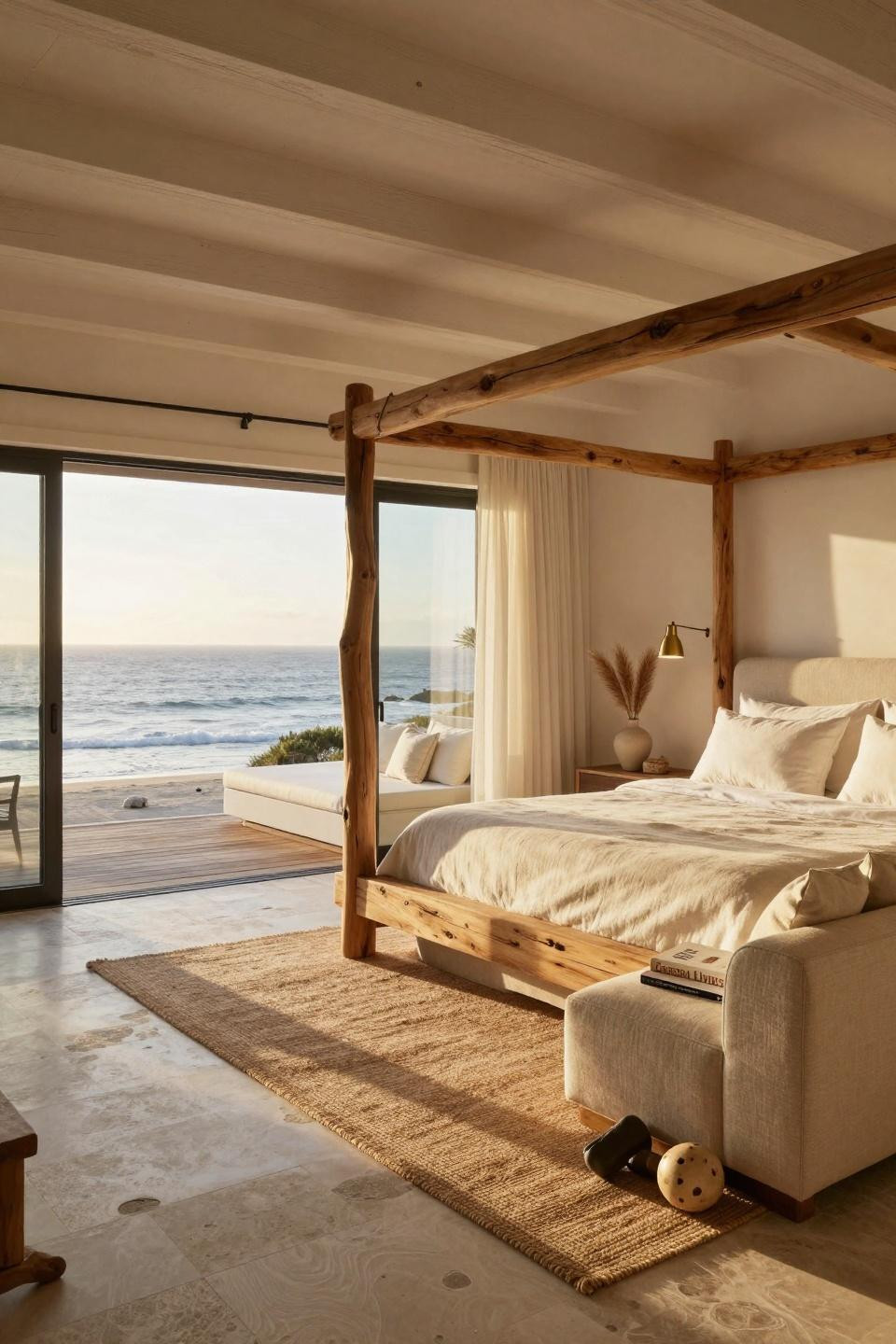 Beach Aesthetic Room Ideas with reclaimed teak bed frame and Pacific Ocean terrace access