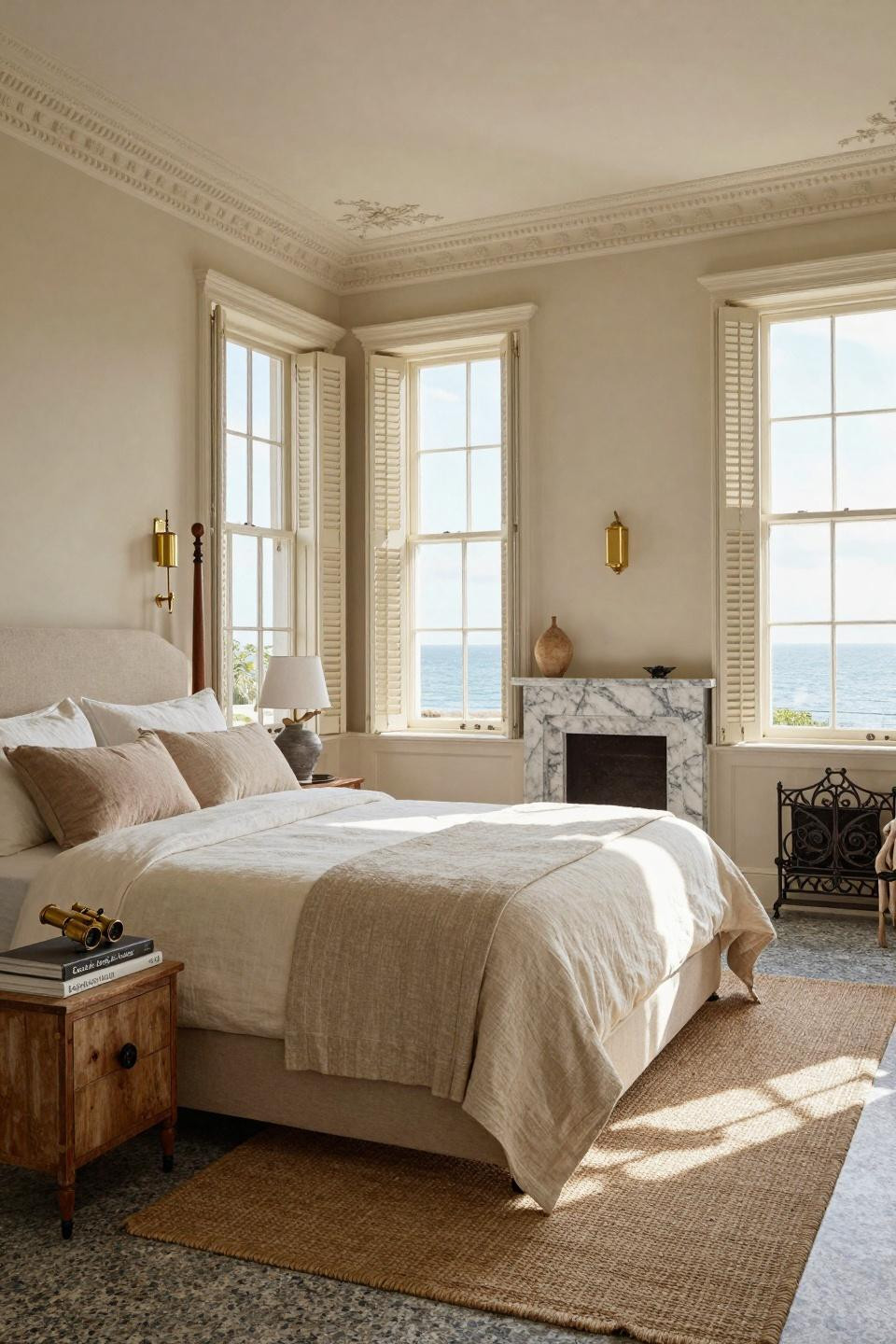 Beach Aesthetic Room Ideas with honed Jet Mist granite flooring and brass pharmacy sconces