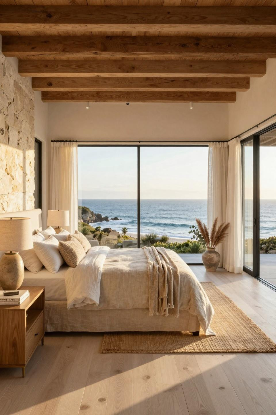 Beach Aesthetic Room Ideas featuring custom upholstered bed in Ralph Lauren natural linen