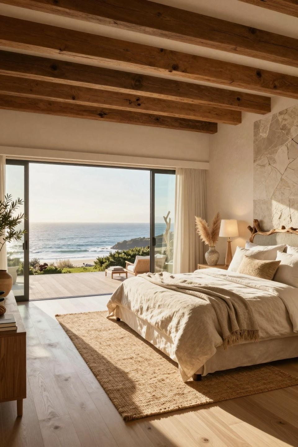Beach Aesthetic Room Ideas with bleached white oak flooring and Fleetwood sliding glass systems