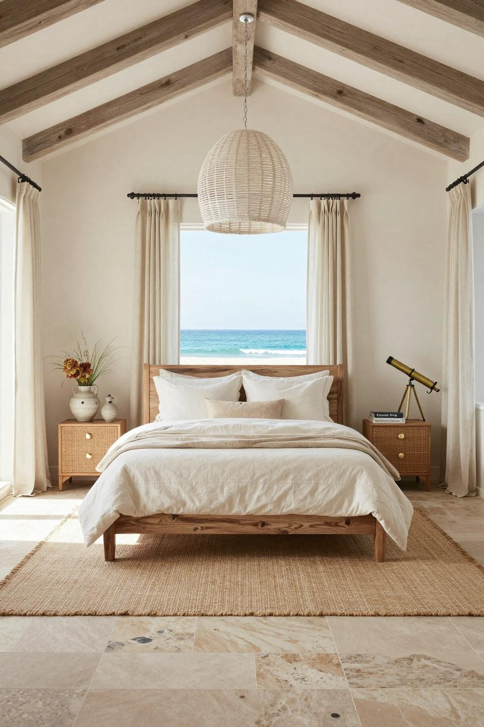 Beach Aesthetic Room Ideas featuring wide-plank French limestone flooring with natural fossil patterns