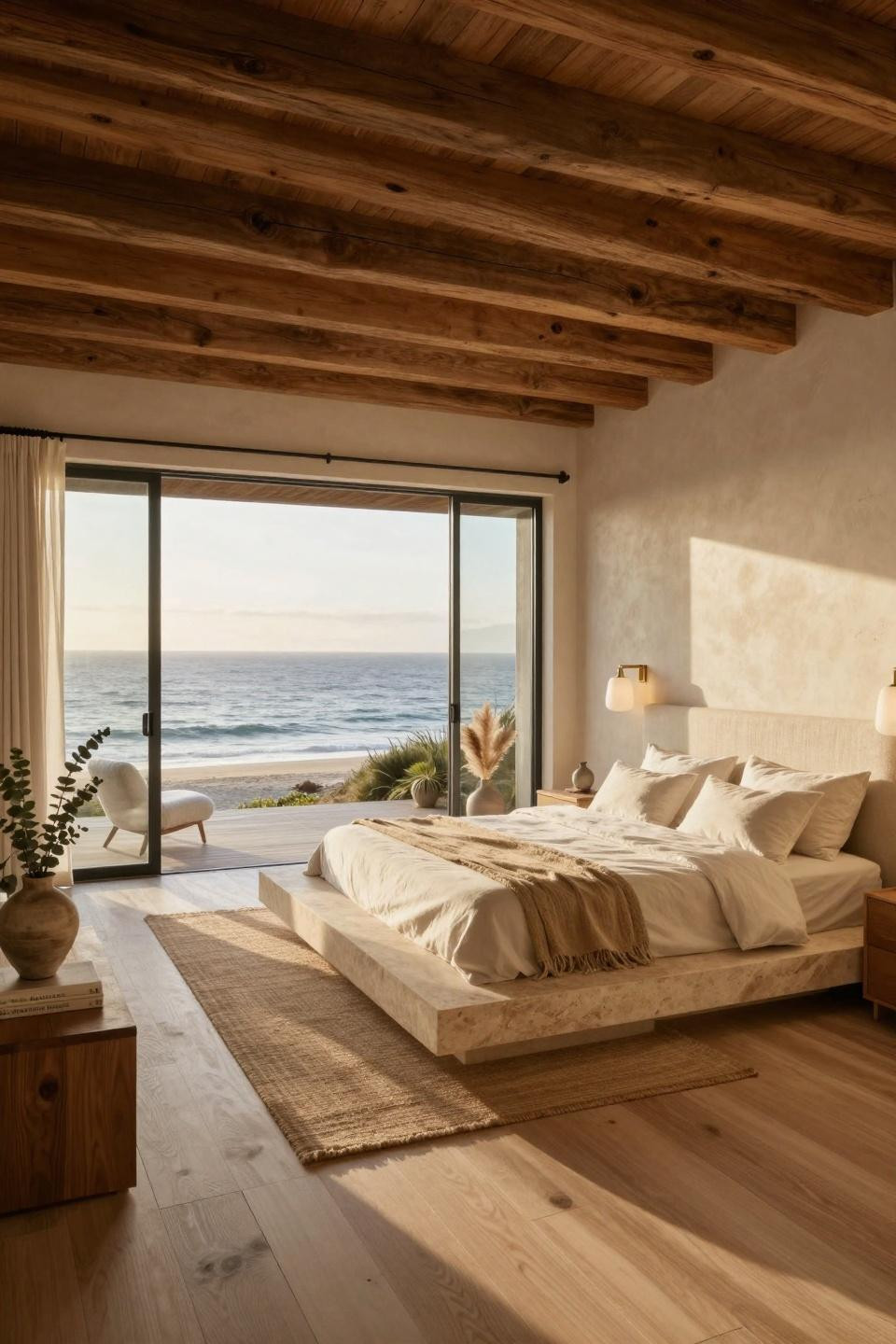 Beach Aesthetic Room Ideas featuring natural limestone platform bed with integrated nightstands