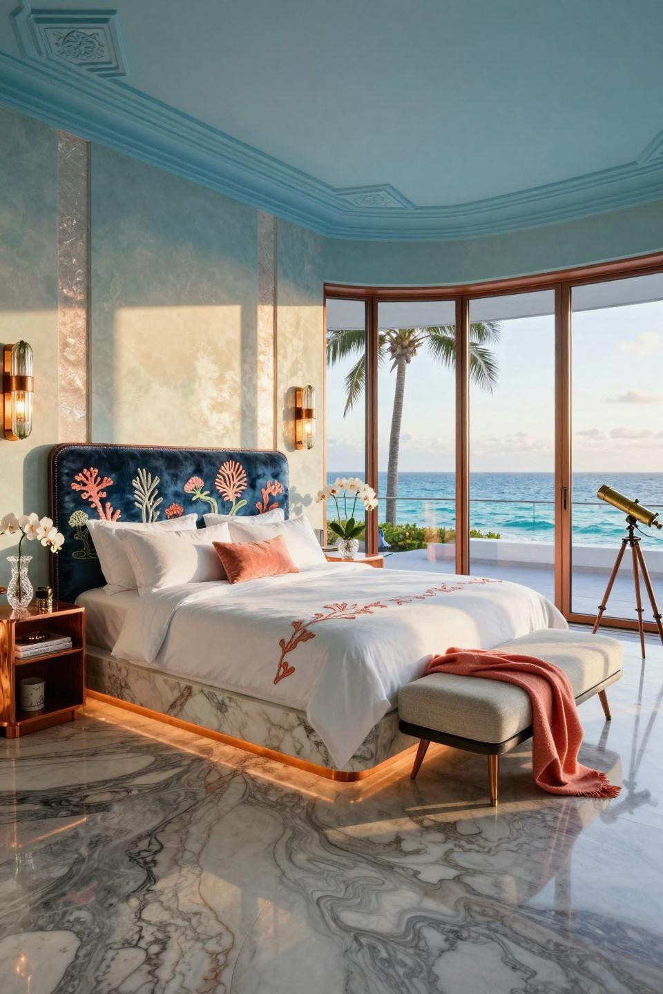 Beach Aesthetic Room Ideas with Brazilian Azul Macaubas quartzite and aged copper fixtures