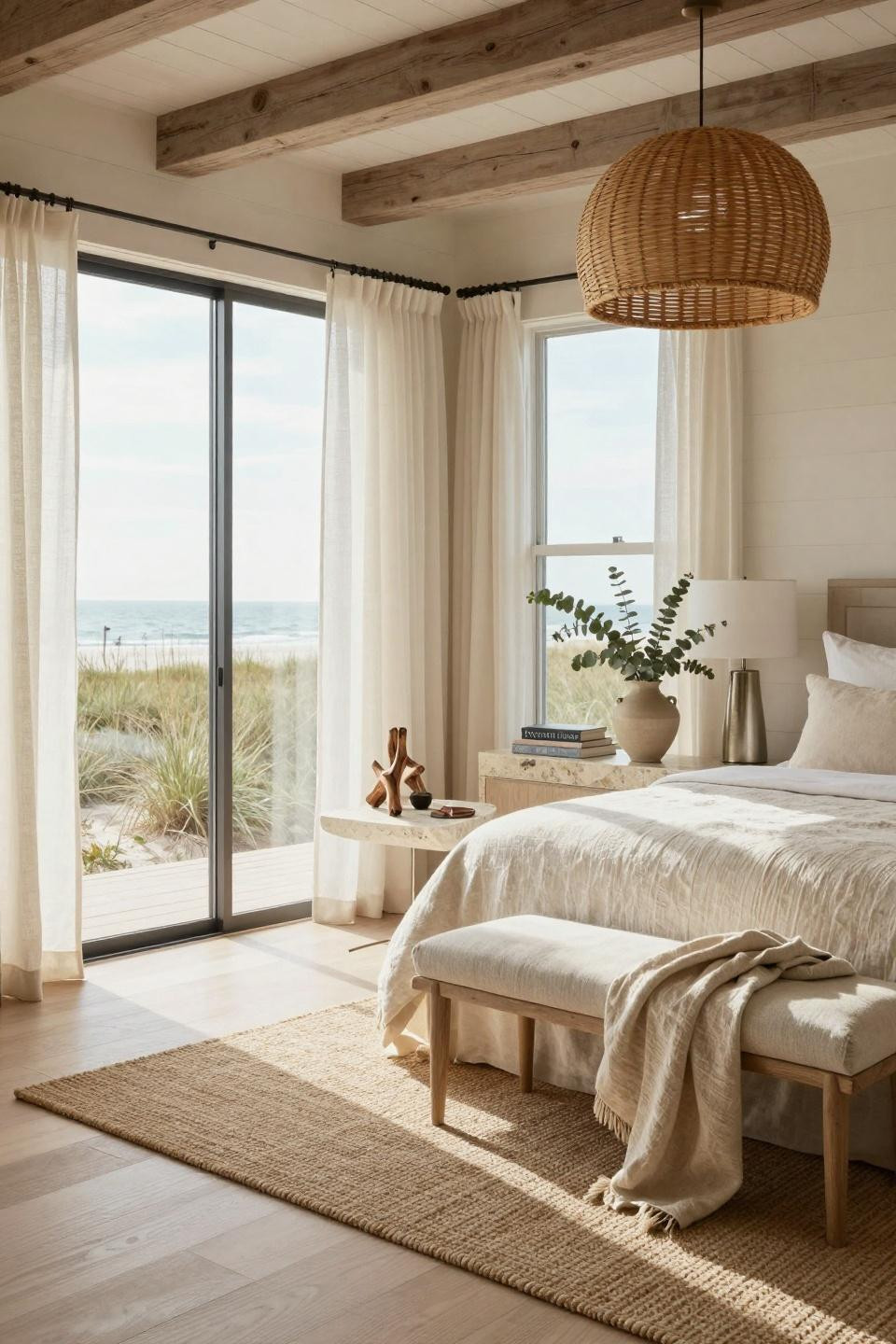 Beach Aesthetic Room Ideas with hand-woven rattan pendant light and natural limestone surfaces