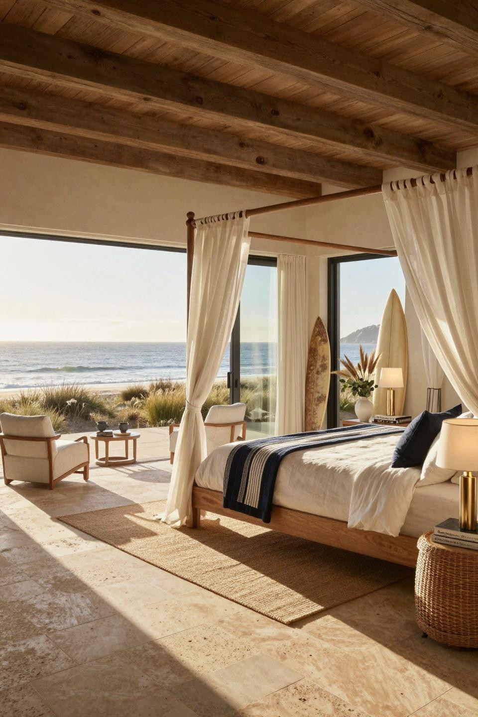 Beach Aesthetic Room Ideas featuring four-poster canopy bed with flowing white linen and Pacific views