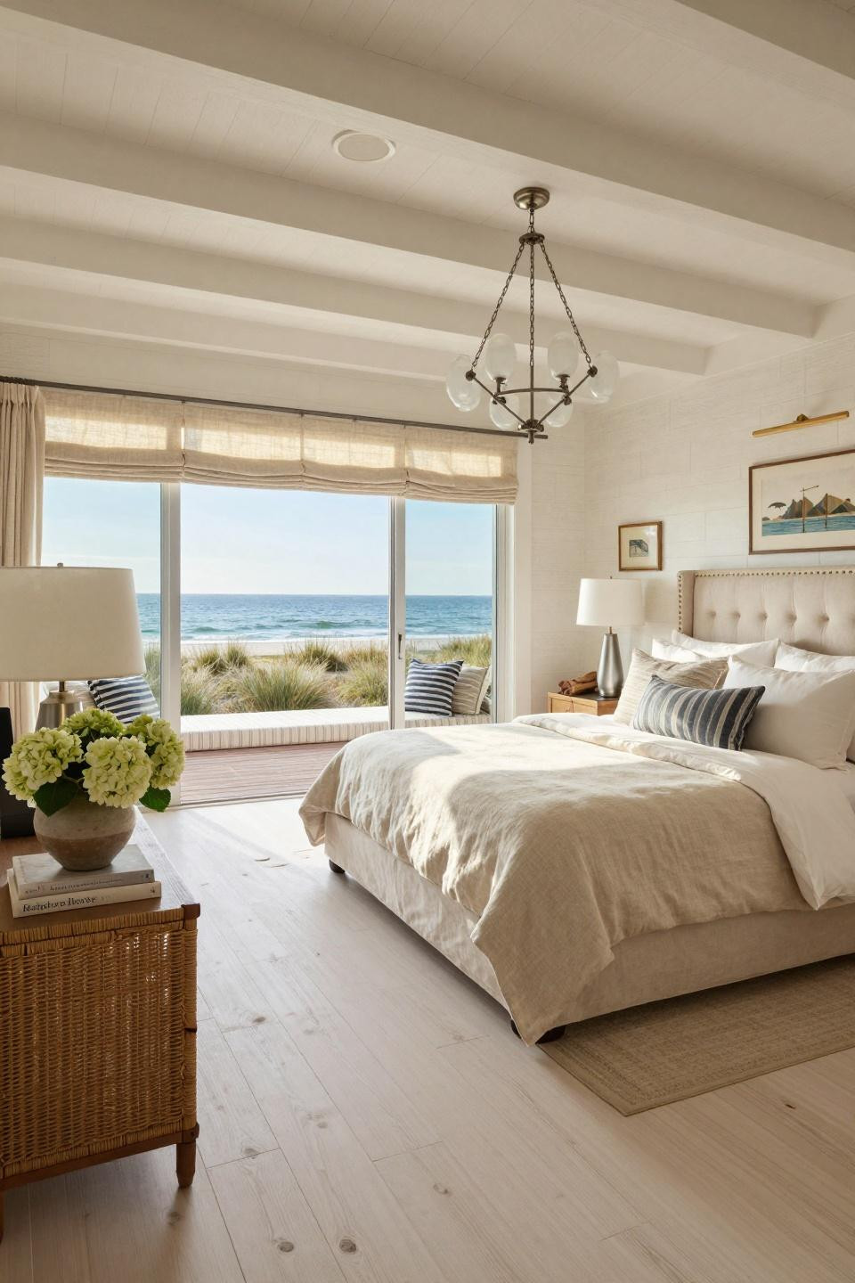 Beach Aesthetic Room Ideas with custom tufted headboard and brass nailhead trim