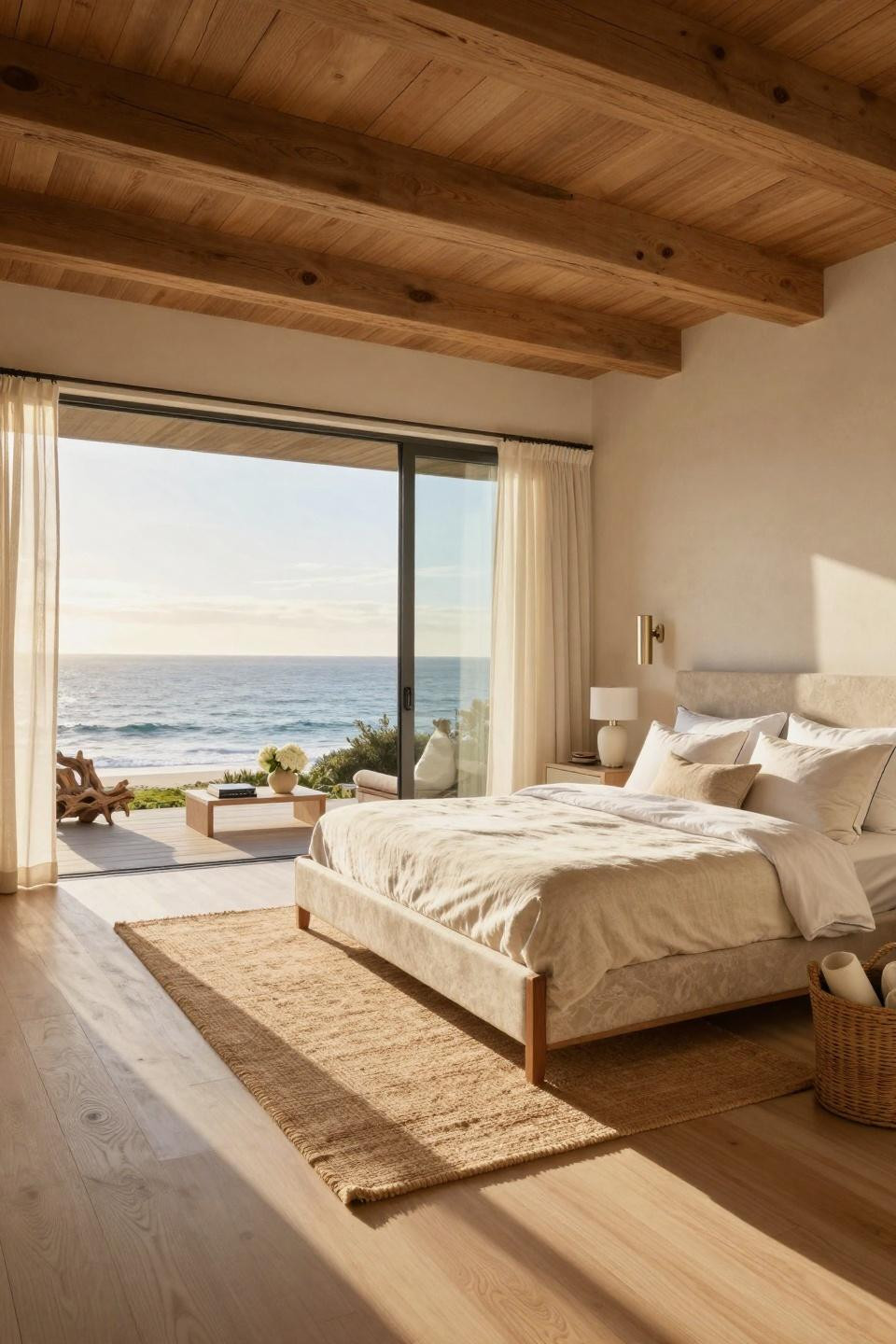 Beach Aesthetic Room Ideas showcasing custom upholstered bed by RH Modern with ocean backdrop