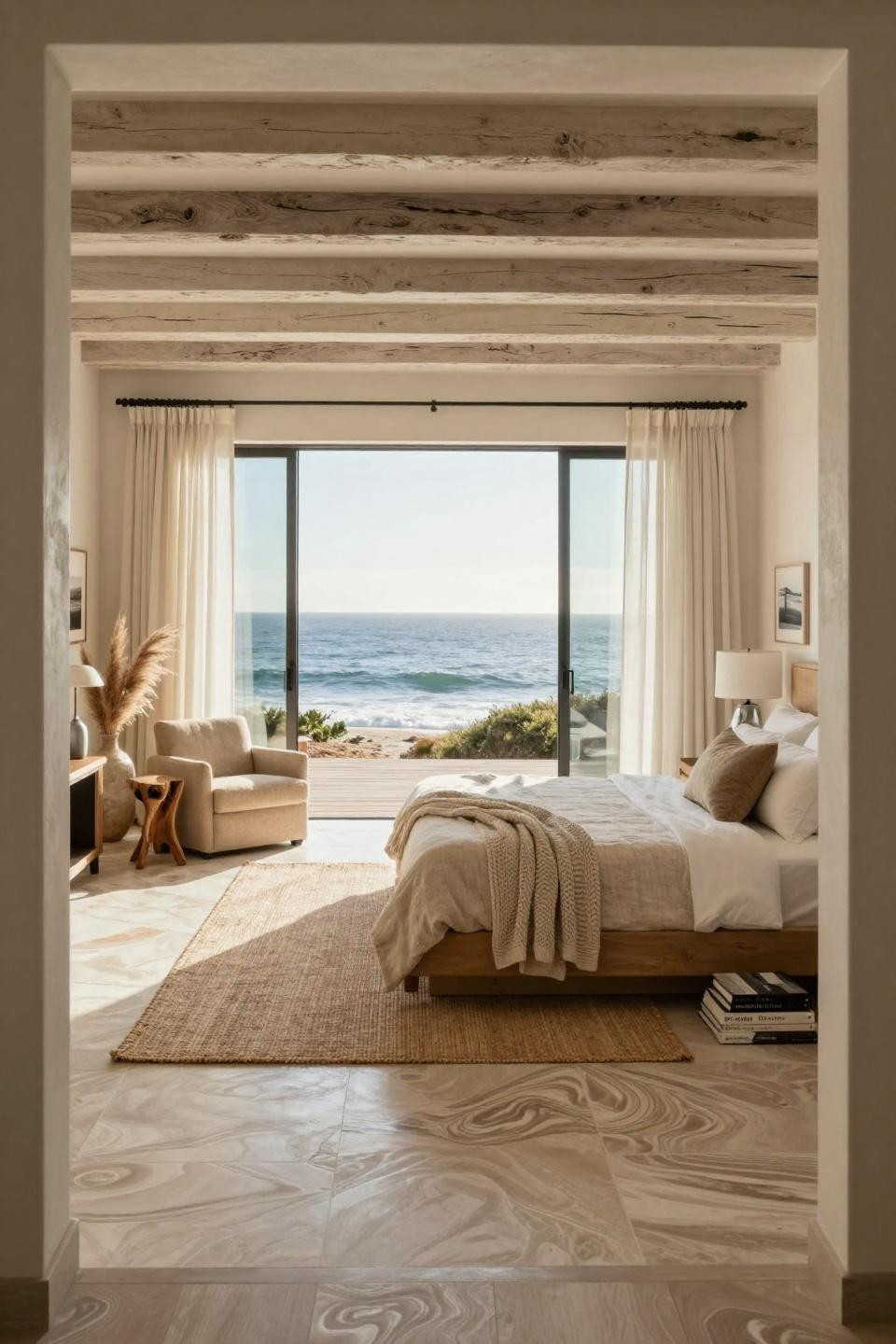 Beach Vibes Room featuring platform bed in Belgian linen with floor-to-ceiling ocean views