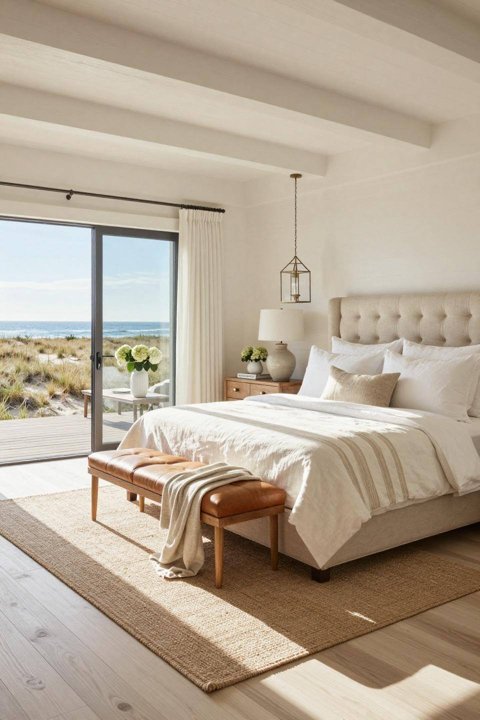 Beach Room Decor Ideas with custom tufted headboard and polished nickel lanterns