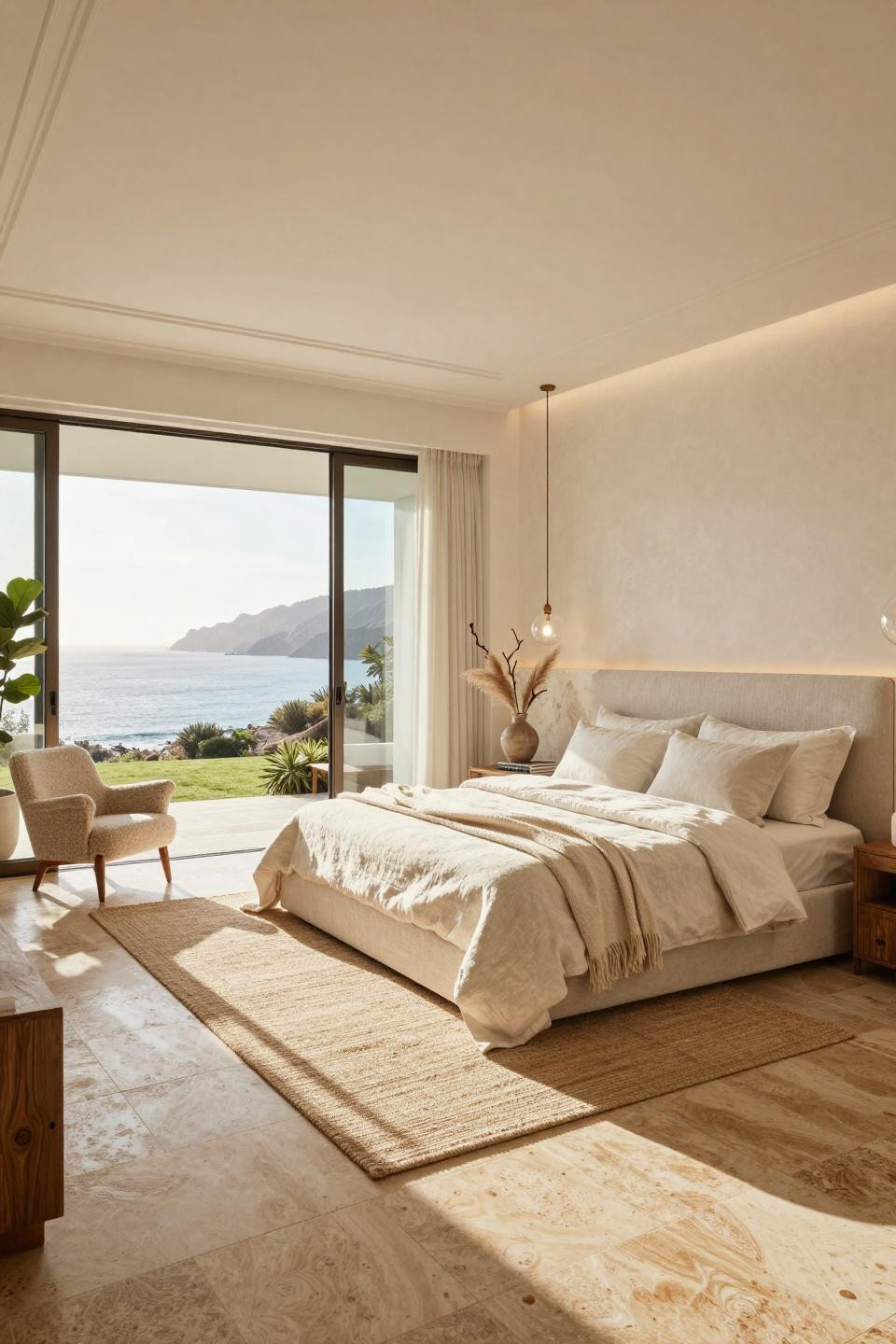 Beachy Bedroom Aesthetic featuring honed travertine flooring and brushed bronze fixtures