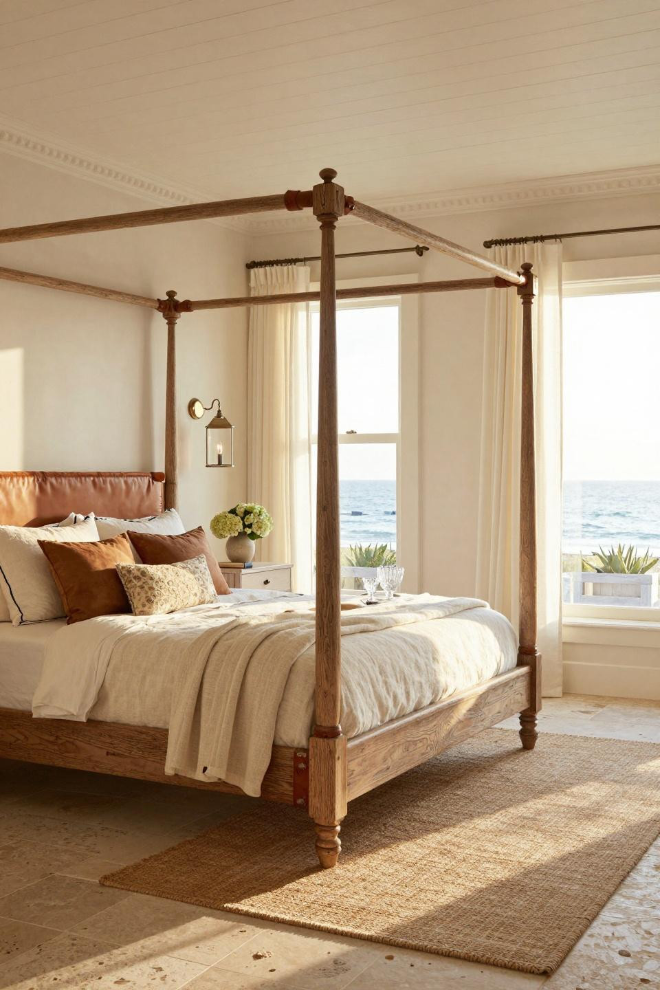 Beach Room Decor Bedroom with reclaimed teak four-poster bed and saddle leather tufting