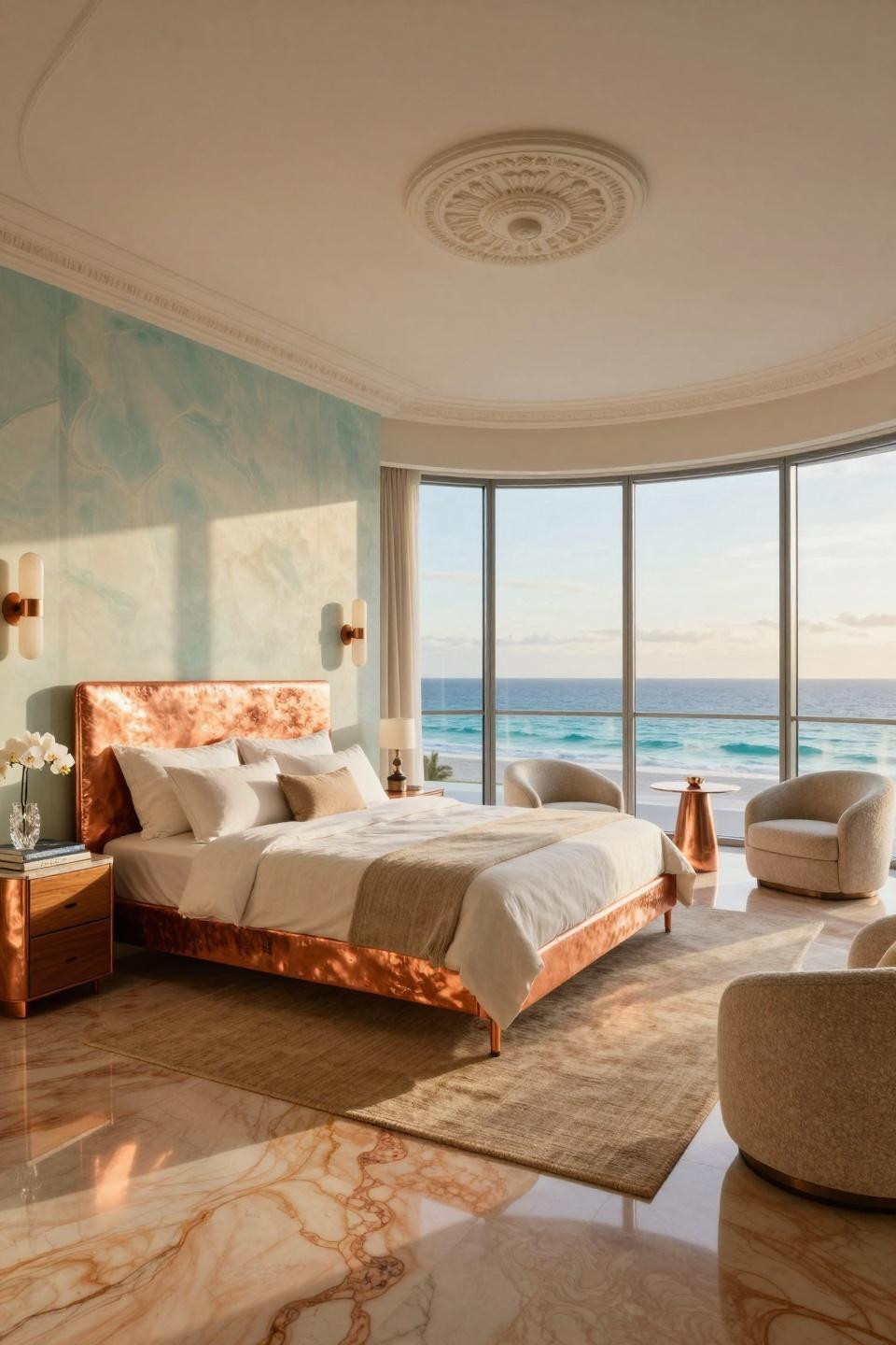 Coastal Room Decor featuring rare quartzite flooring with copper veining and Art Deco details