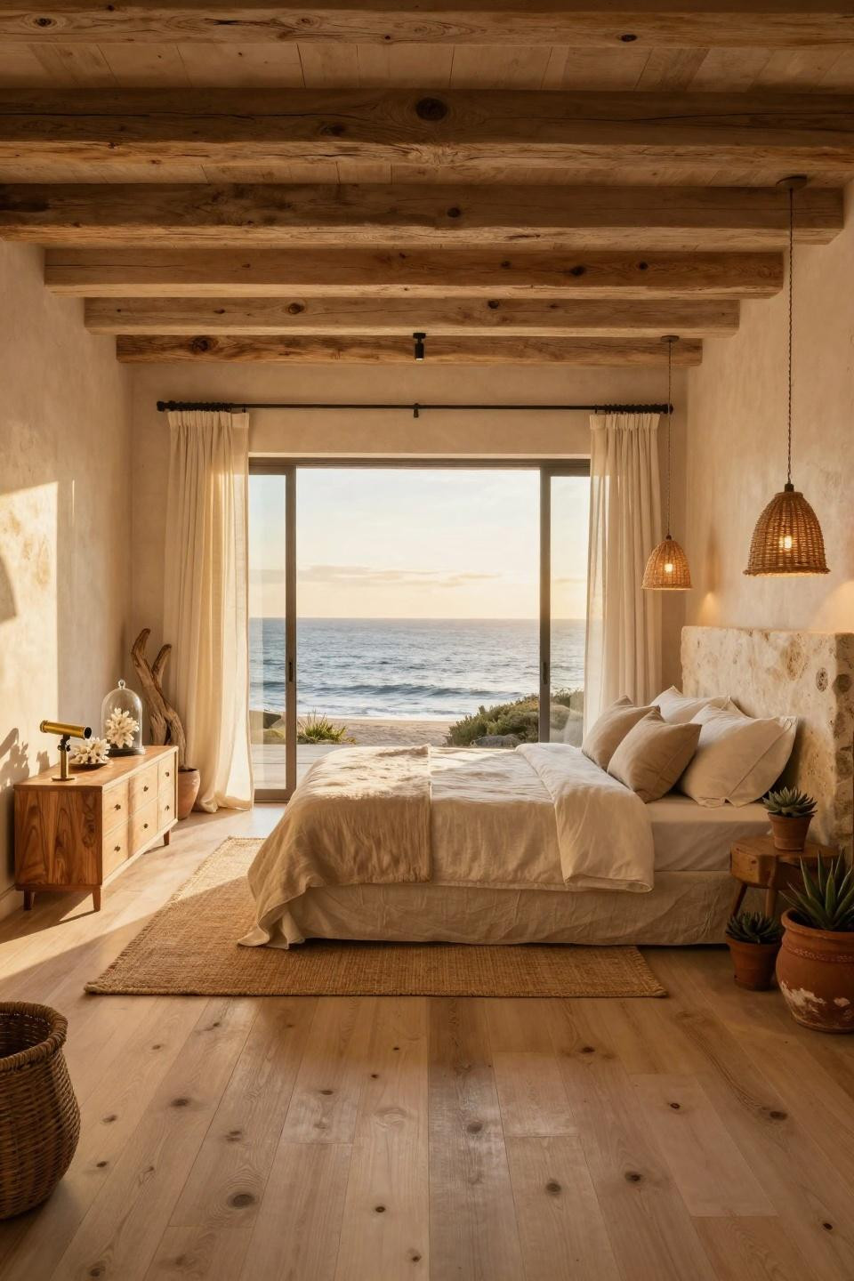 Beachy Room Aesthetic with natural teak four-poster bed and Belgian linen canopy