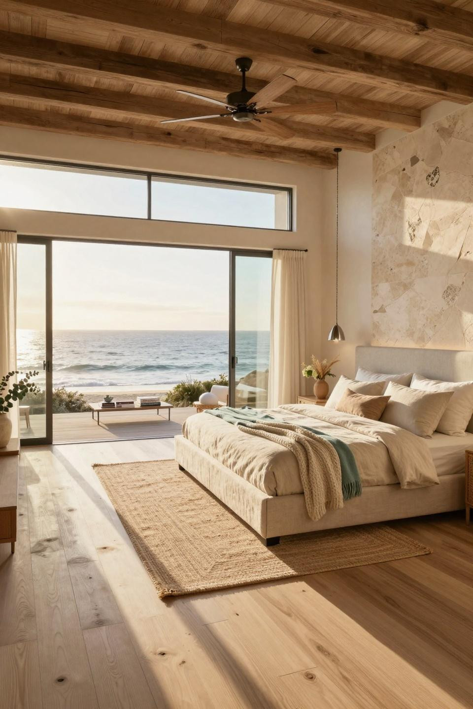 Beach Aesthetic Room with RH Modern platform bed and floor-to-ceiling ocean views