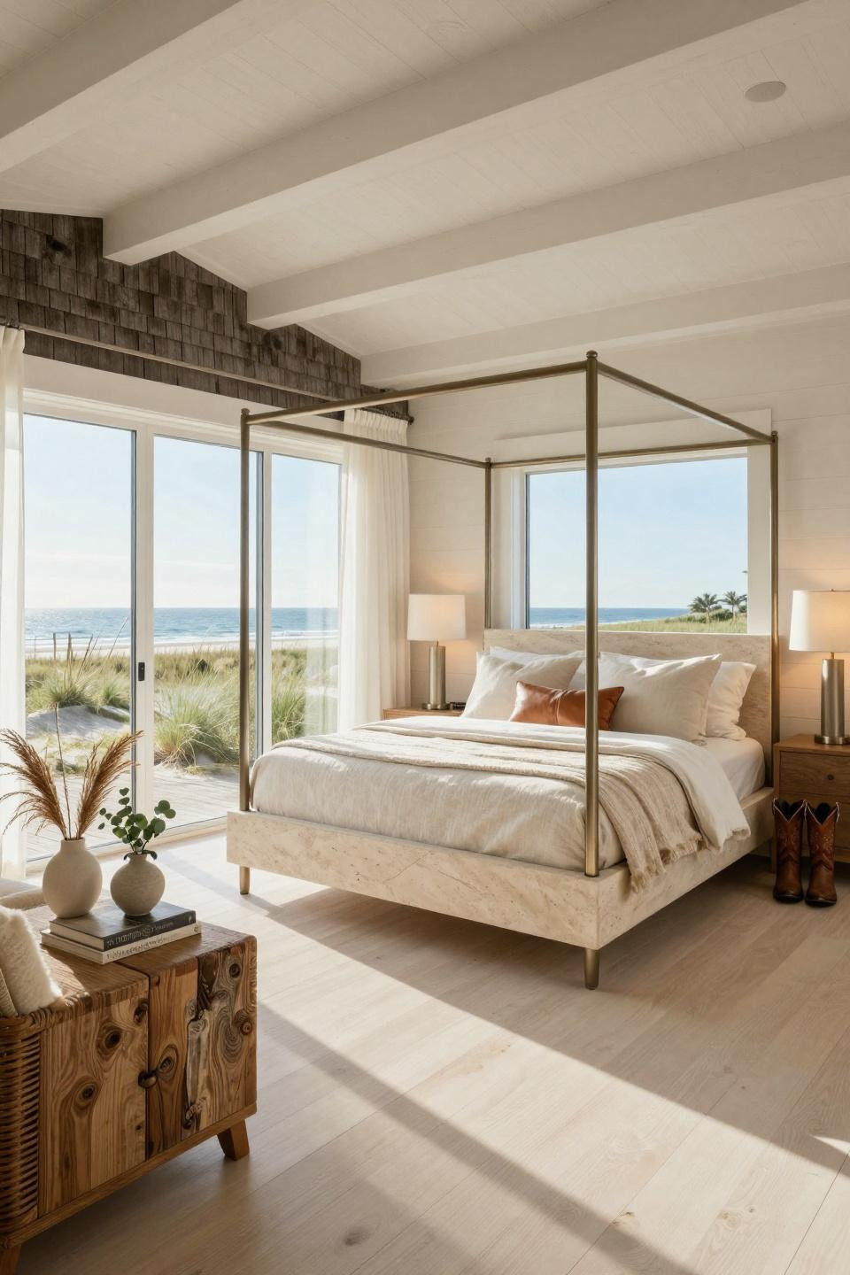 Coastal Cowgirl bedroom design with natural limestone four-poster bed and brushed nickel canopy