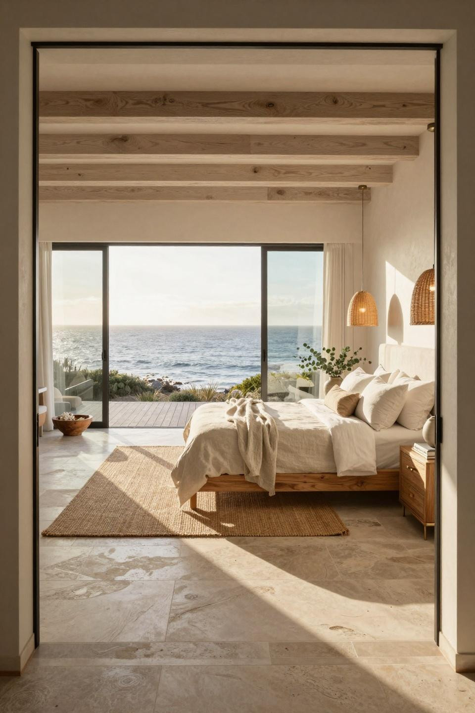 Beach Aesthetic Room Ideas featuring cerused white oak platform bed with Pacific Ocean views