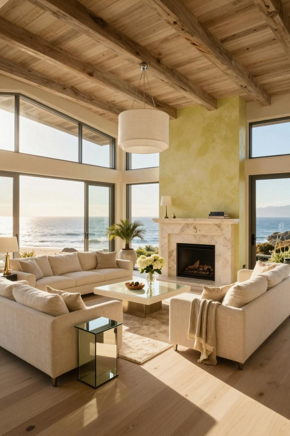 Beach inspired living room with limestone fireplace and mirrored Hollywood Regency accents