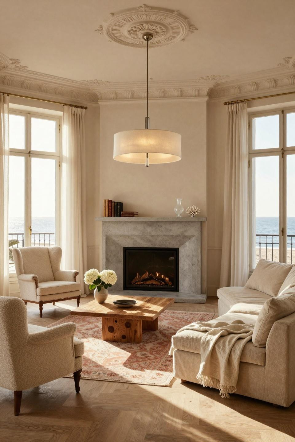 Beach inspired living room with concrete fireplace in Parisian Haussmann setting