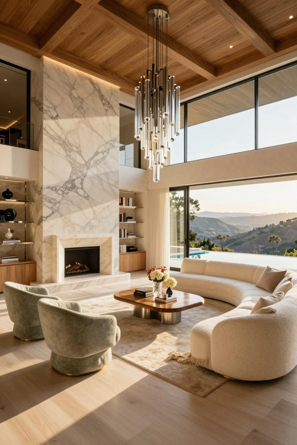 Beach inspired living room with Calacatta porcelain and Kelly Wearstler chandelier