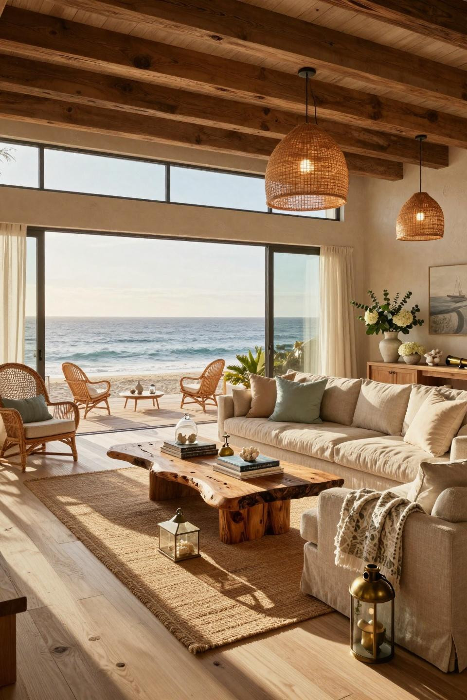 Beach inspired living room with organic driftwood coffee table and brass lanterns