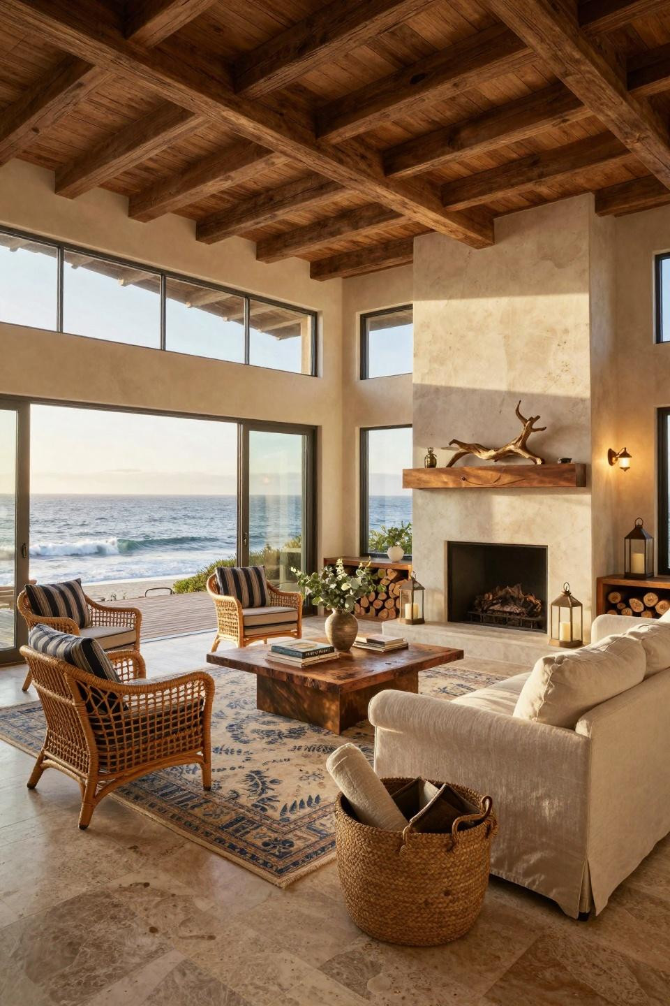 Beach inspired living room with floor-to-ceiling travertine fireplace and bronze fixtures