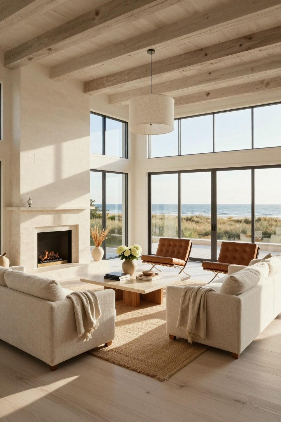 Beach inspired living room with custom limestone fireplace and Knoll Barcelona chairs