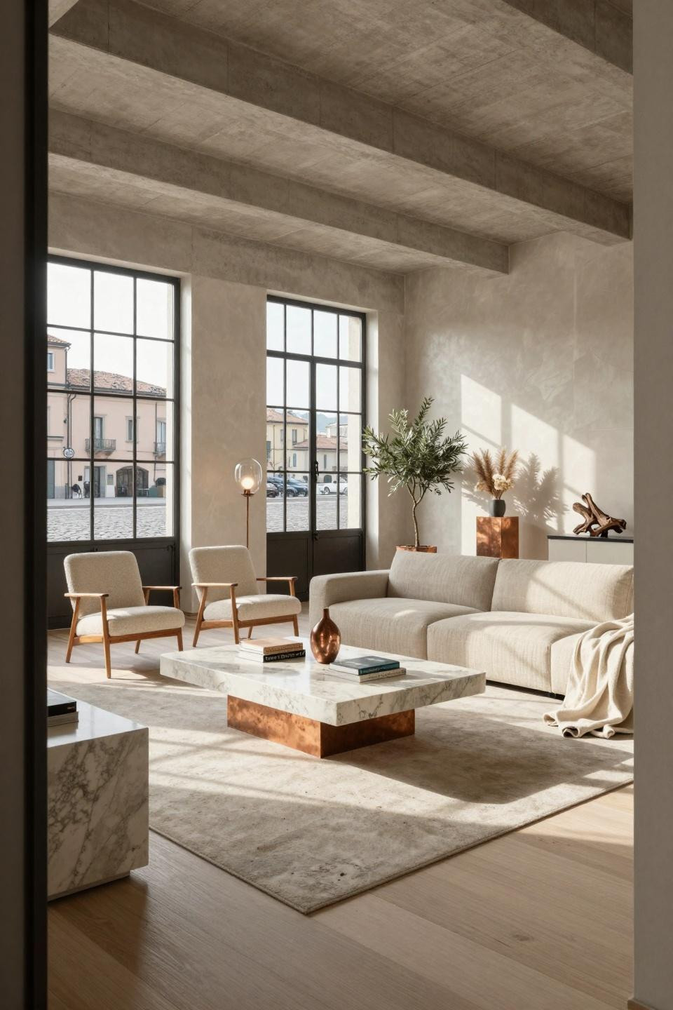 Beach inspired living room with quartzite waterfall coffee table and oxidized copper