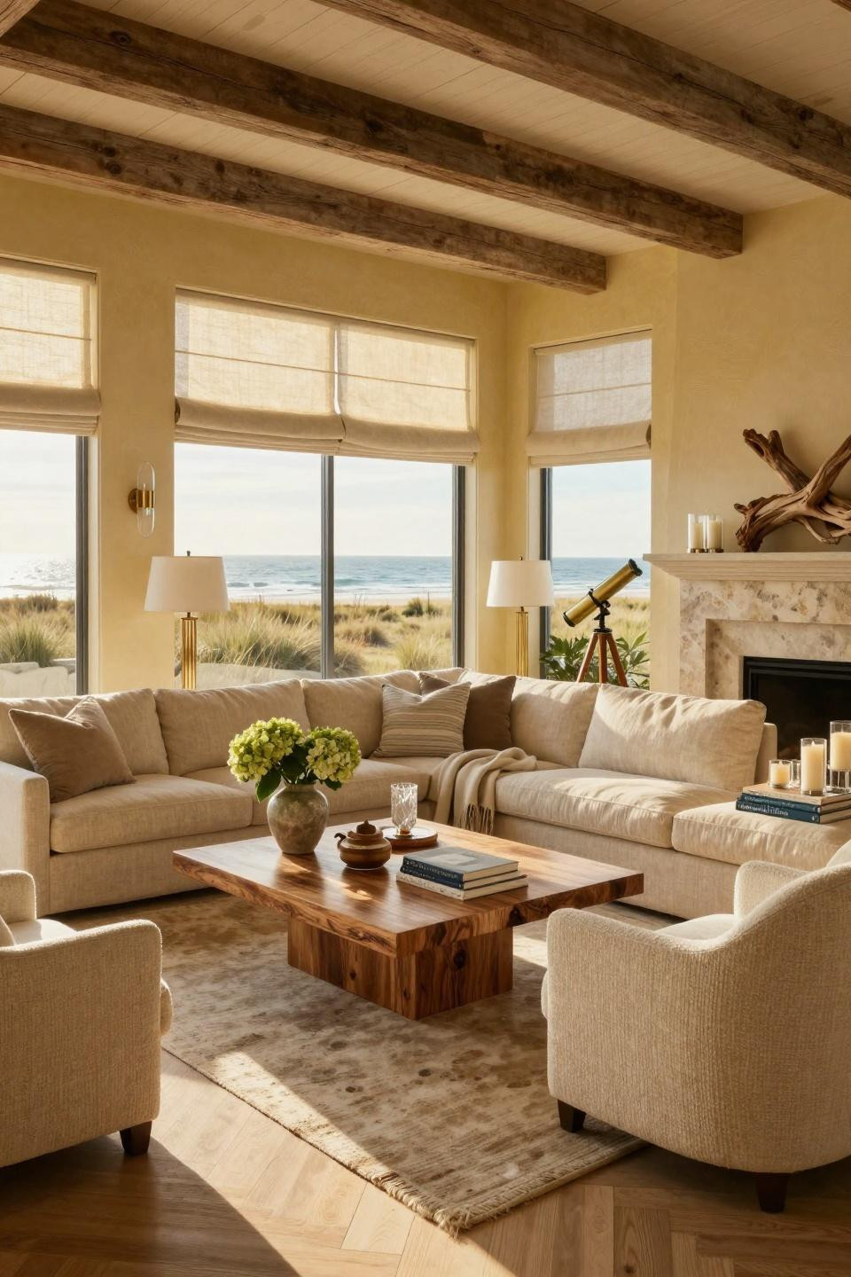 Beach inspired living room with herringbone oak flooring and Ralph Lauren furnishings