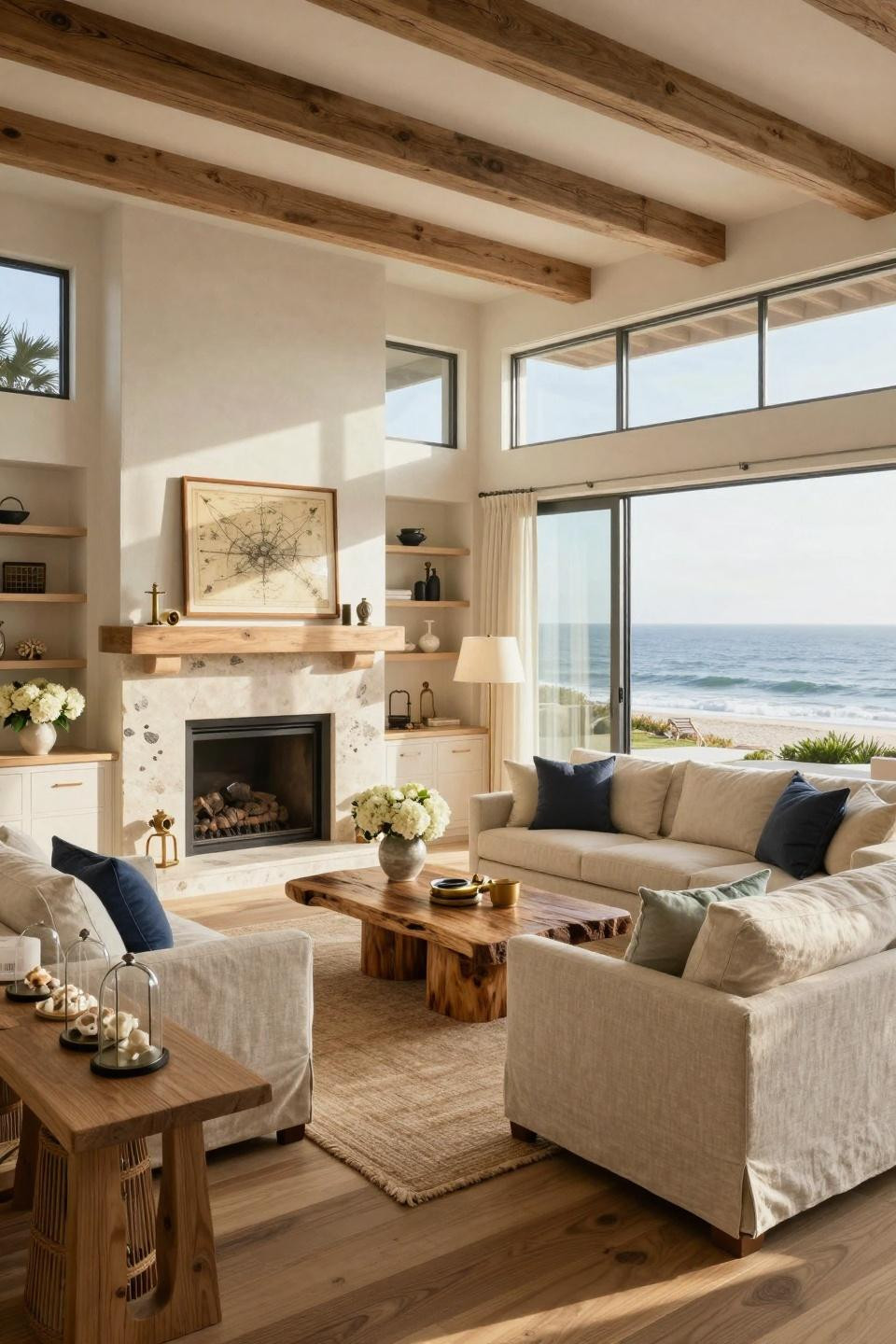 Beach inspired living room with natural limestone fireplace and Belgian linen sectional