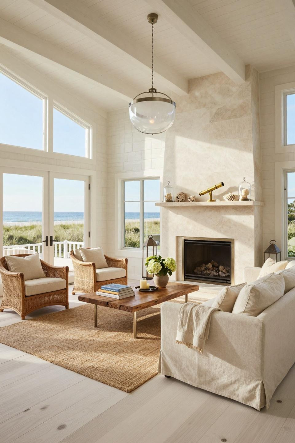 Beach inspired living room with French limestone fireplace and vintage rattan