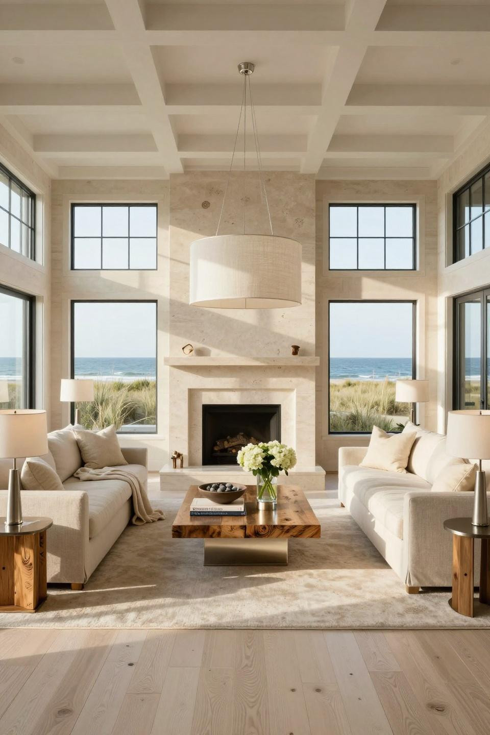 Beachy home decor with custom limestone fireplace and polished nickel fixtures