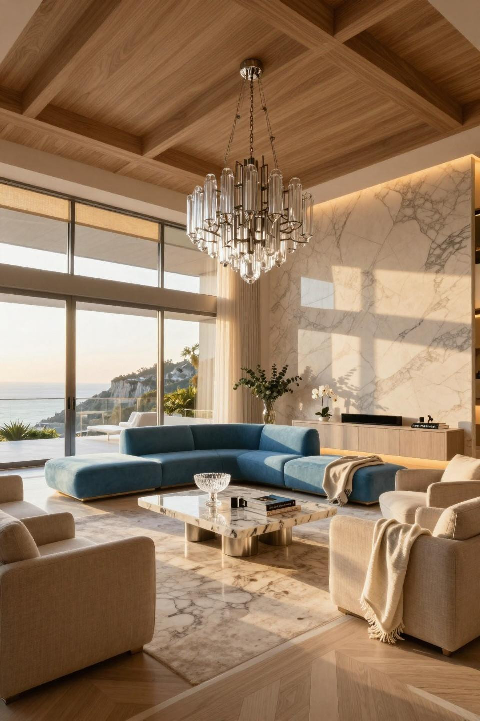 Coastal farmhouse living room with lime plaster walls and natural textures