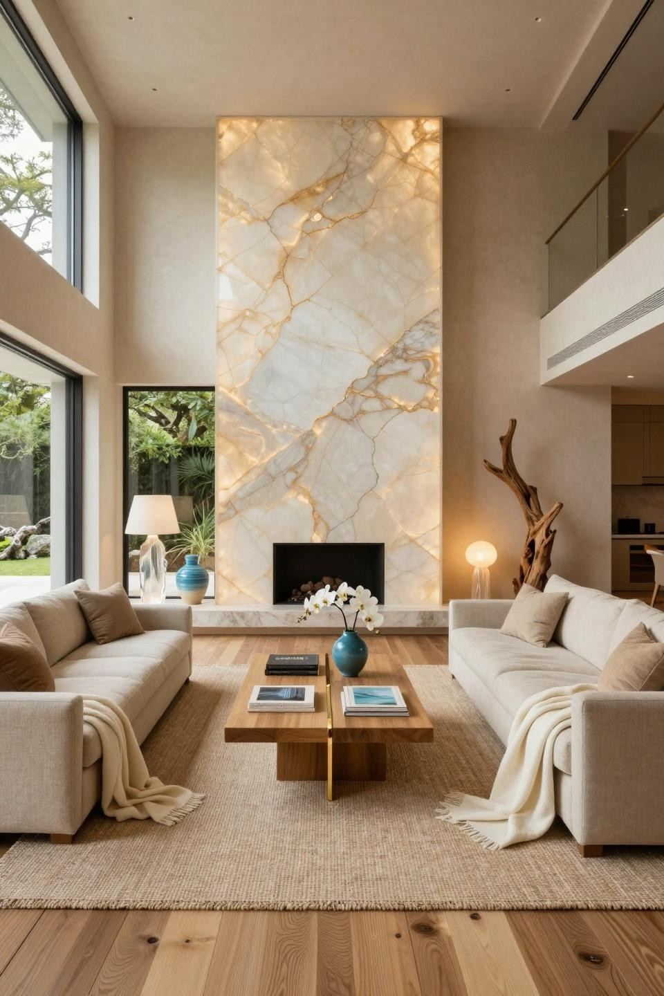 Coastal beach house living room with backlit honey onyx and Italian furnishings