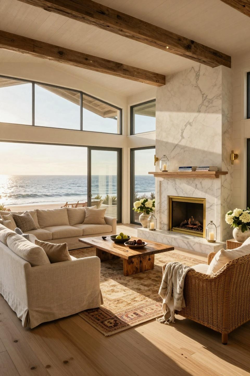 Beach style living room with custom Calacatta marble fireplace and brass accents