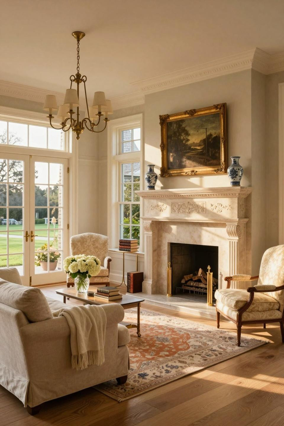 Southern charm homes interior with French limestone fireplace and polished nickel accents