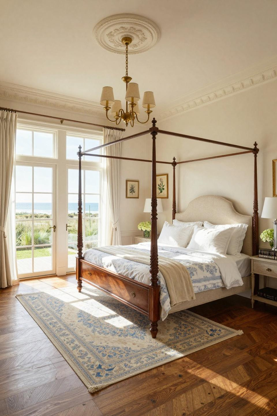 Southern living bedroom with four-poster mahogany bed and Belgian linen drapery