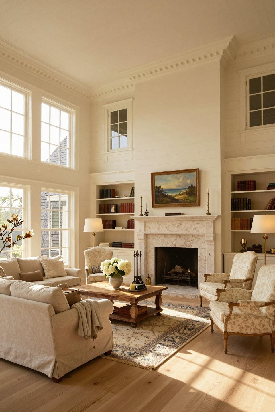 Nantucket style homes interior featuring travertine fireplace with classical mantel