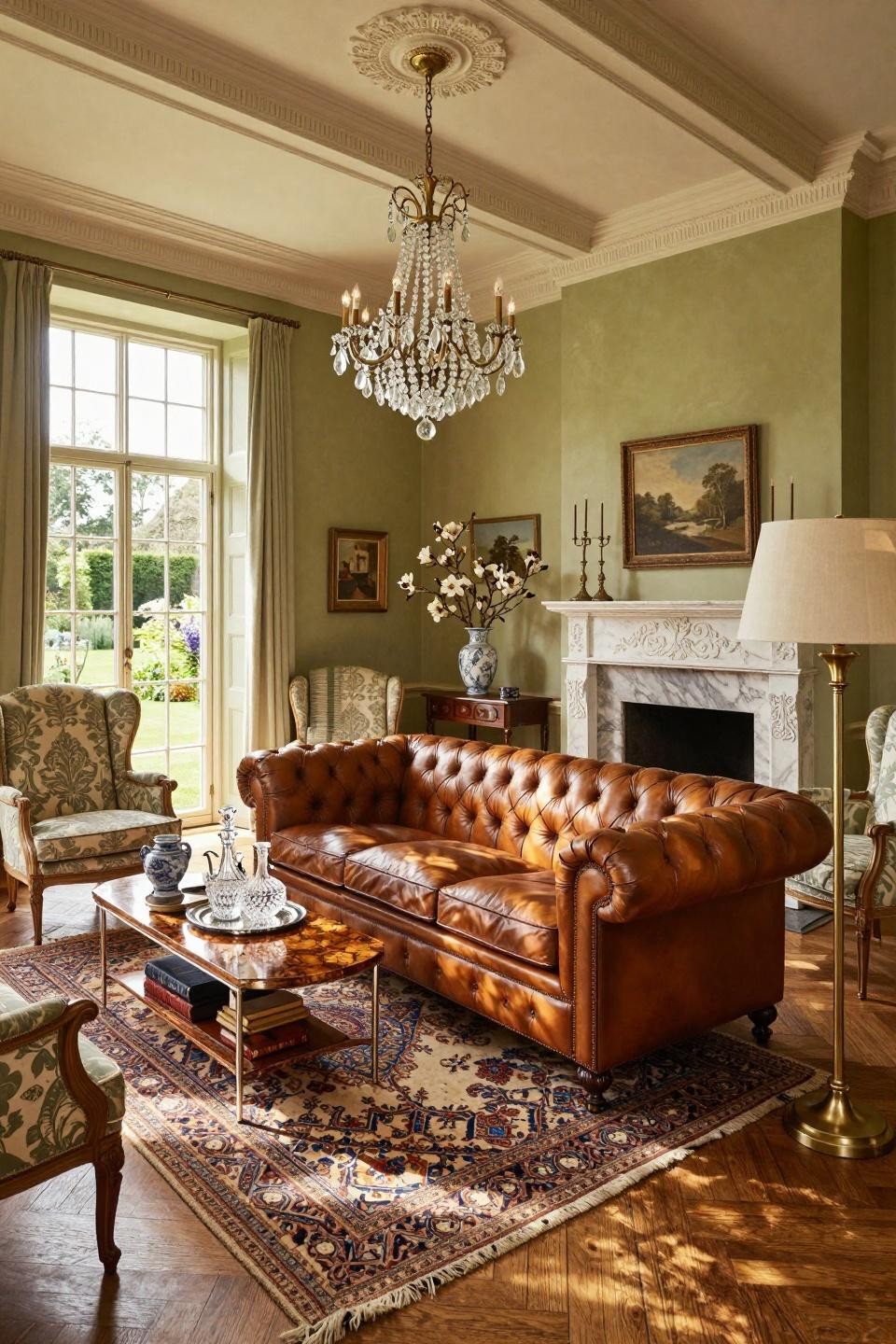 Southern living homes featuring George Smith Chesterfield sofa and Carrara marble fireplace