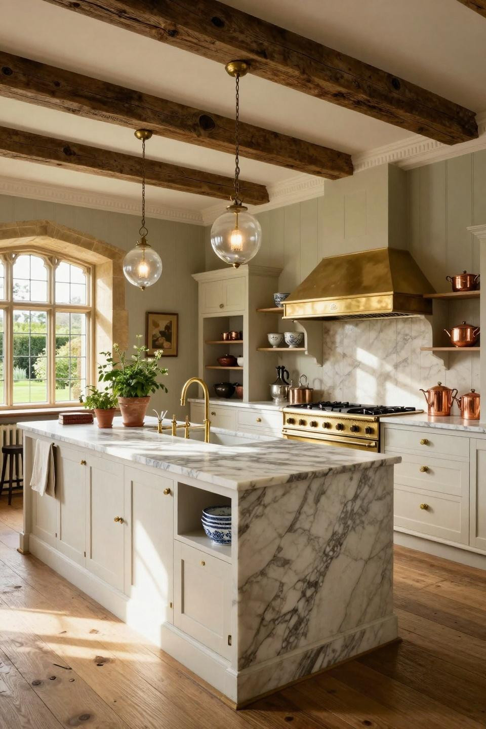 Southern living kitchen with monumental Calacatta Gold marble island and La Cornue range