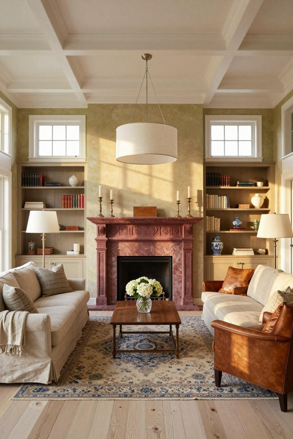 Classic southern home decor with French limestone fireplace and Belgian linen sofas