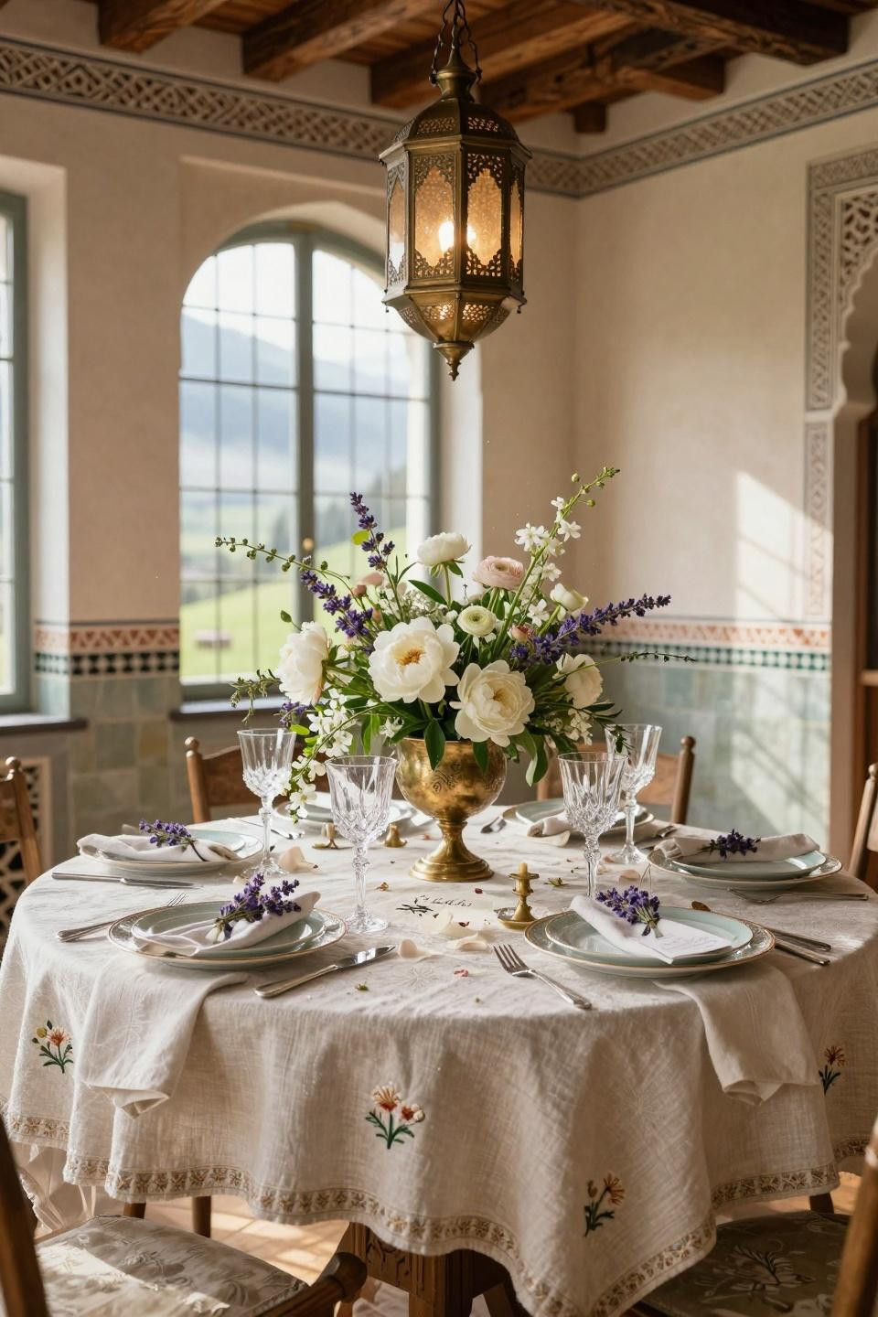 Summer tablescapes with Moroccan brass and hand-carved cedar beams