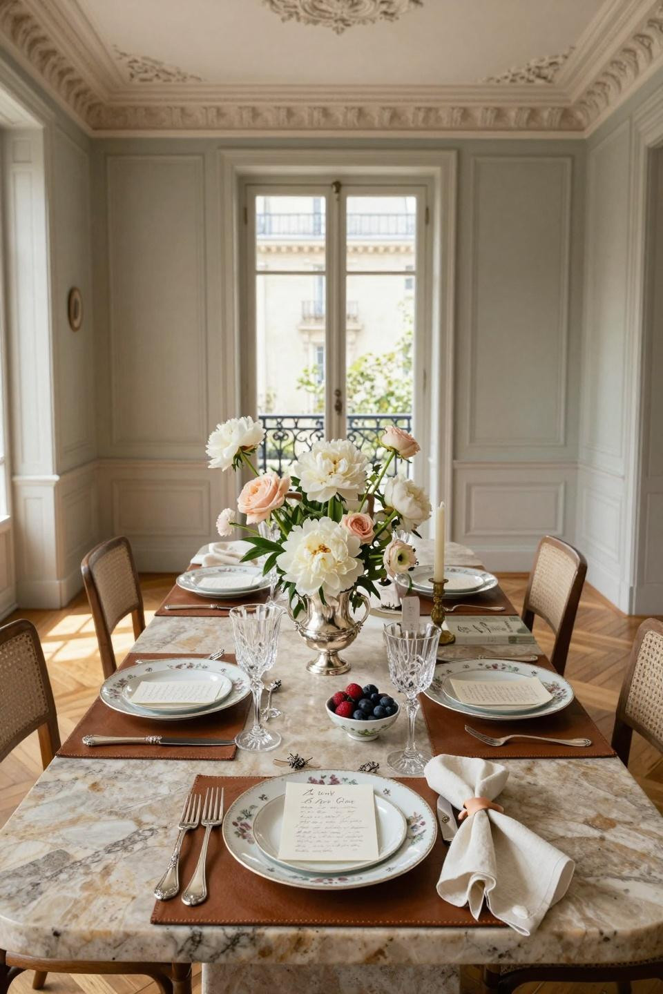 Spring table settings ideas with hand-carved limestone and vintage silver