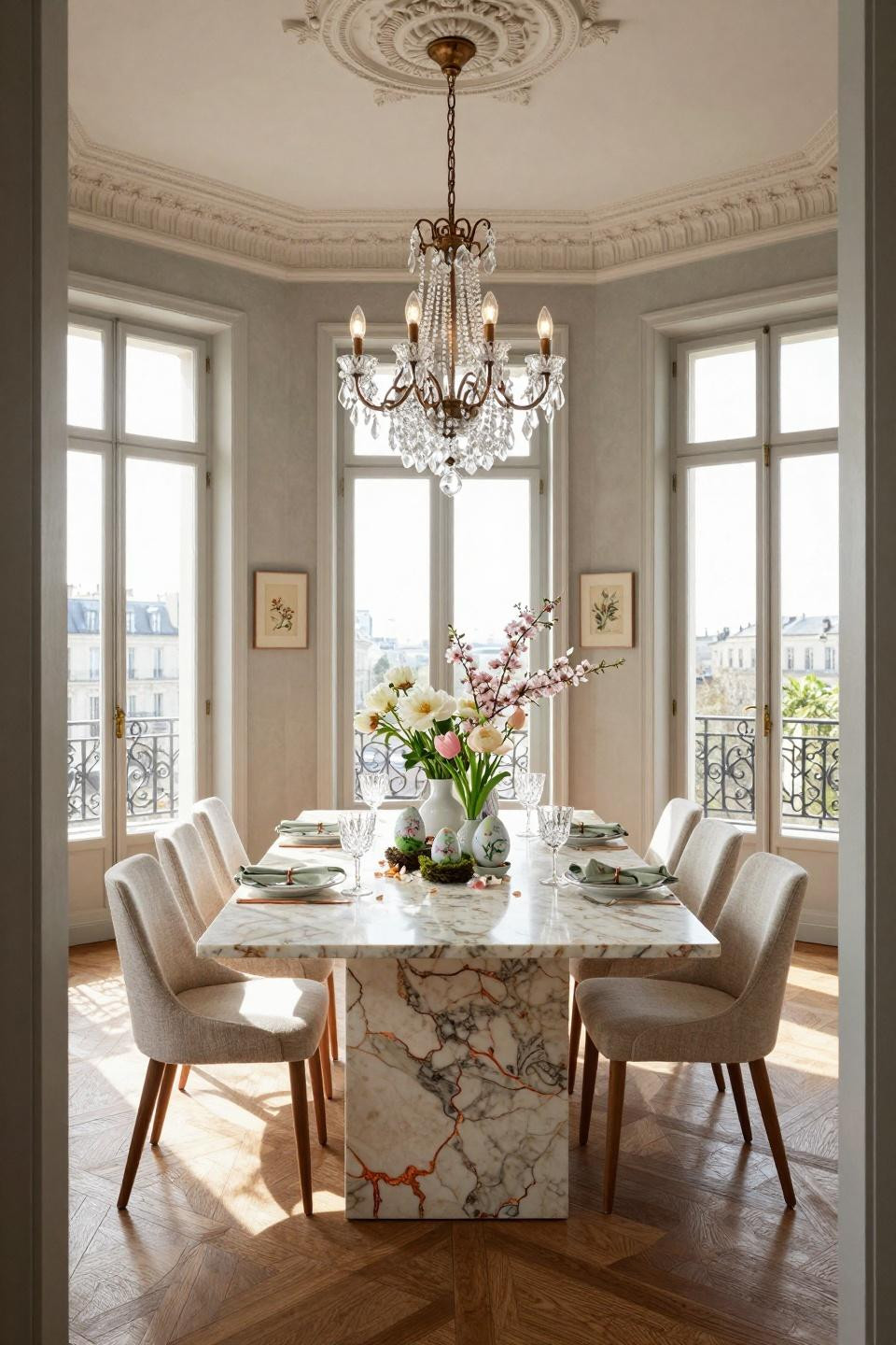 Easter dining table decor with Taj Mahal quartzite and Bernardaud porcelain