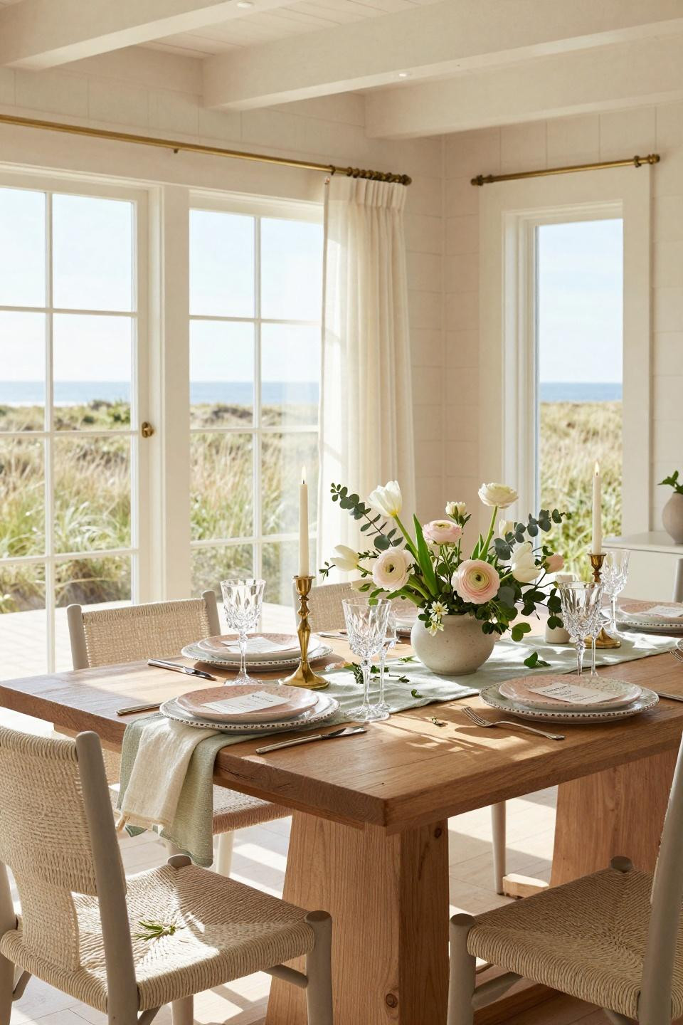 Spring dining table decor featuring reclaimed oak and Visual Comfort brass