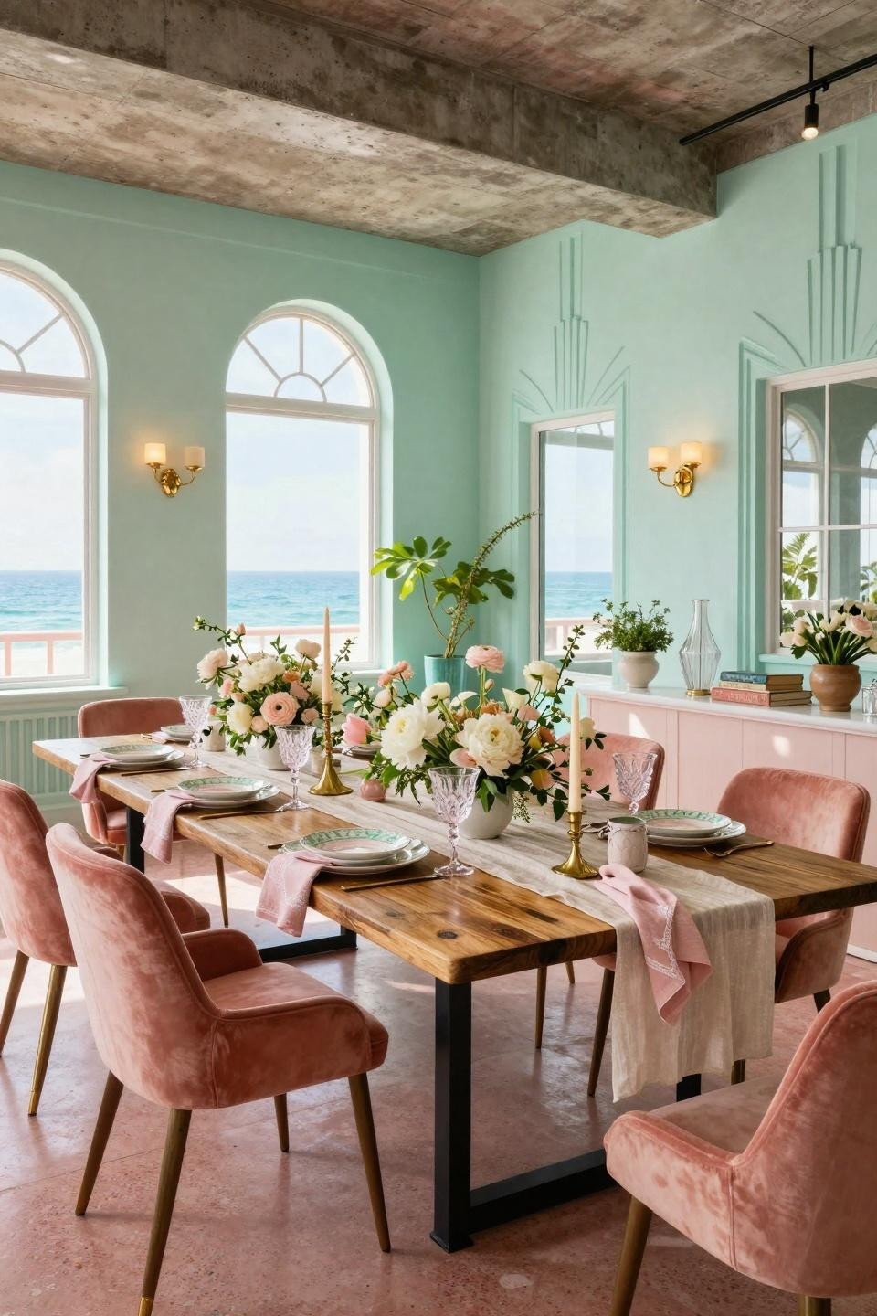 Spring table scape with Art Deco elements and vintage brass on Douglas fir
