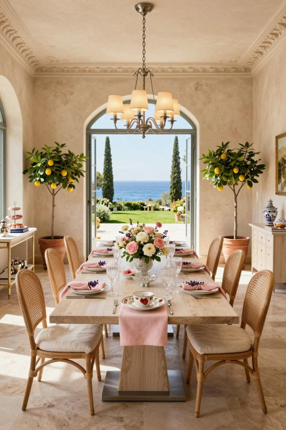 Tea party tablescape with Wedgwood china and Baccarat crystal in French estate