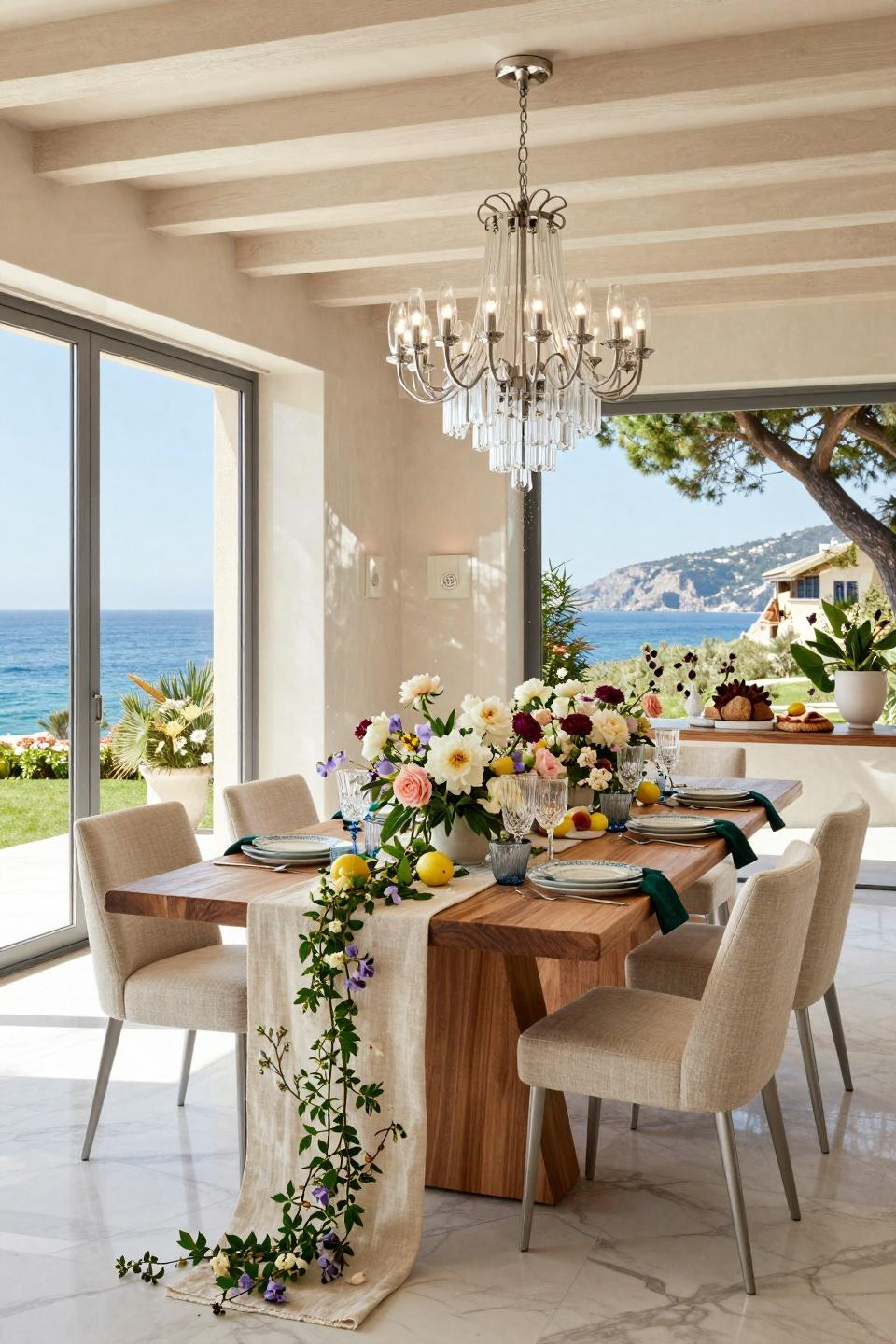Spring tablescapes featuring Hermès porcelain and cascading peonies on walnut table